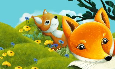 Orman hayvanının çayırda eğlendiği çizgi film sahnesi - çocuklar için illüstrasyon