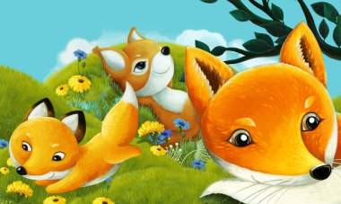 Orman hayvanının çayırda eğlendiği çizgi film sahnesi - çocuklar için illüstrasyon