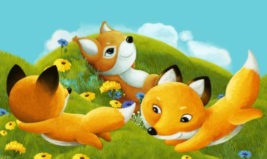 Orman hayvanının çayırda eğlendiği çizgi film sahnesi - çocuklar için illüstrasyon