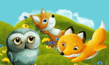 Orman hayvanının çayırda eğlendiği çizgi film sahnesi - çocuklar için illüstrasyon