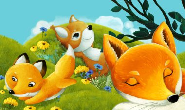 Orman hayvanının çayırda eğlendiği çizgi film sahnesi - çocuklar için illüstrasyon