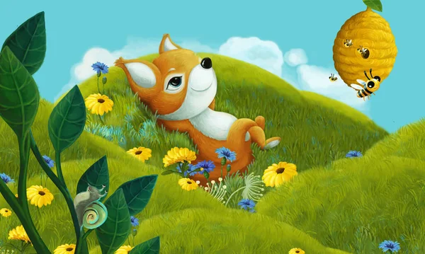 Cartoon Scene Forest Animal Meadow Having Fun Illustration Children — Stock Photo, Image