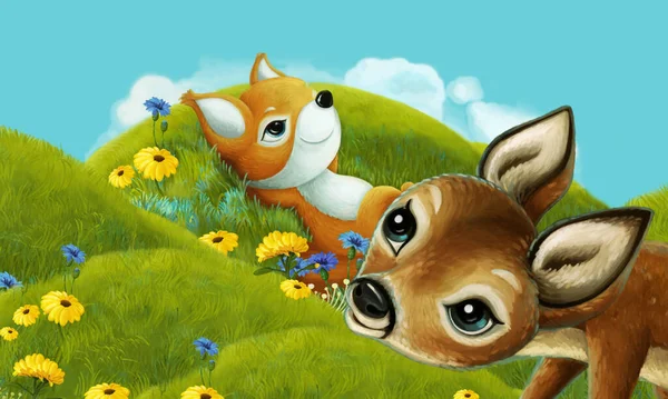 Scena Kreskówki Zwierzętami Leśnymi Łące Zabawy Ilustracja Dla Dzieci — Zdjęcie stockowe