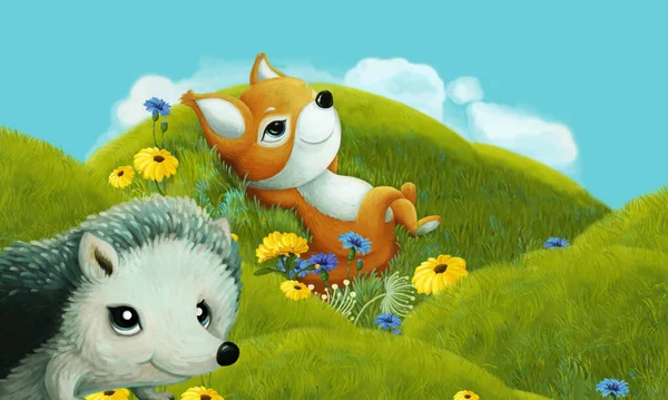Scena Kreskówki Zwierzętami Leśnymi Łące Zabawy Ilustracja Dla Dzieci — Zdjęcie stockowe