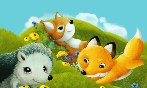 森林动物在草地上嬉戏的卡通片 儿童图解 — 图库照片