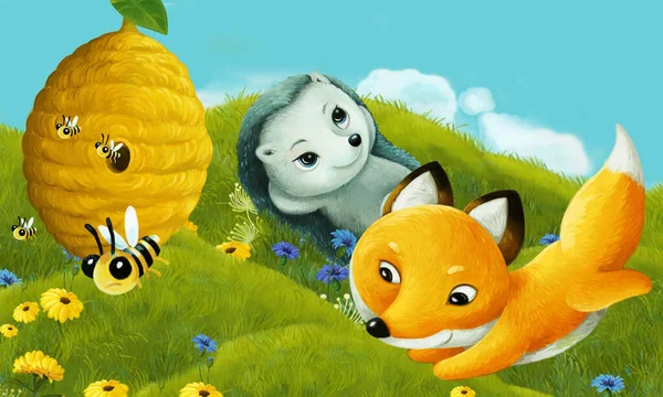 cartoon scene with forest animal on the meadow having fun - illustration for children