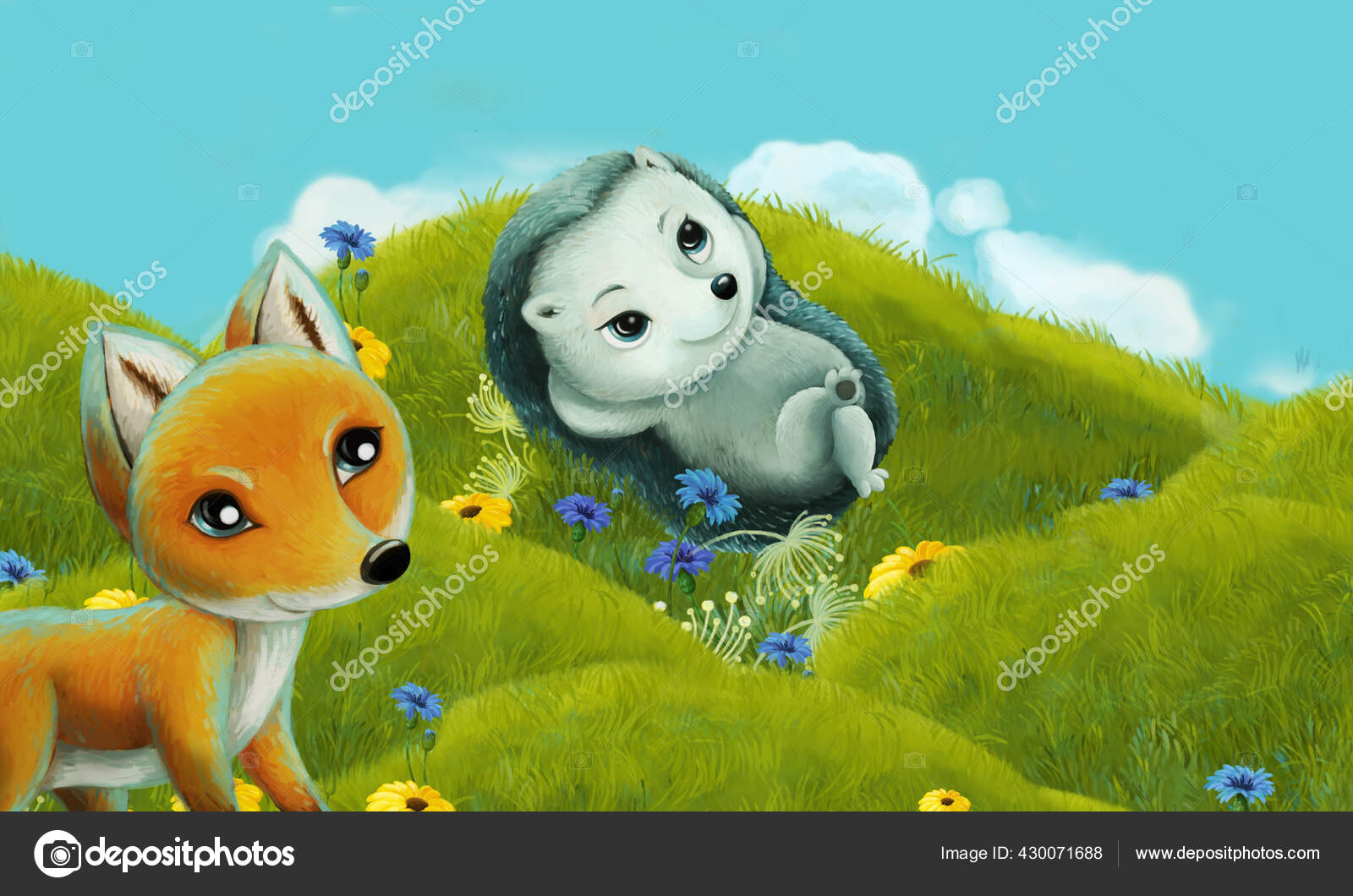 Scene Dessin Anime Avec Animal Foret Sur Prairie Amuser Illustration Image Libre De Droit Par Illustrator Hft C