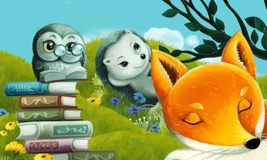 Orman hayvanının çayırda eğlendiği çizgi film sahnesi - çocuklar için illüstrasyon