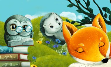 Orman hayvanının çayırda eğlendiği çizgi film sahnesi - çocuklar için illüstrasyon