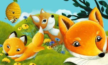 Orman hayvanının çayırda eğlendiği çizgi film sahnesi - çocuklar için illüstrasyon