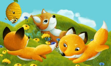 Orman hayvanının çayırda eğlendiği çizgi film sahnesi - çocuklar için illüstrasyon