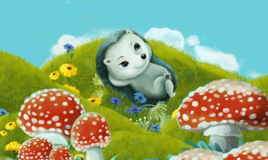 Orman hayvanının çayırda eğlendiği çizgi film sahnesi - çocuklar için illüstrasyon