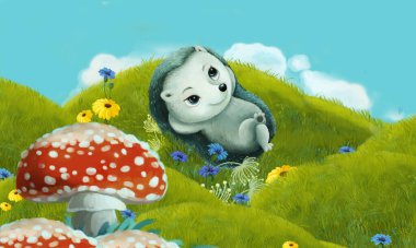 Orman hayvanının çayırda eğlendiği çizgi film sahnesi - çocuklar için illüstrasyon