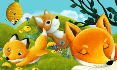 Orman hayvanının çayırda eğlendiği çizgi film sahnesi - çocuklar için illüstrasyon