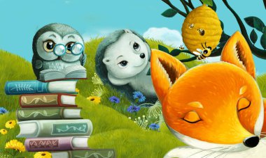 Orman hayvanının çayırda eğlendiği çizgi film sahnesi - çocuklar için illüstrasyon