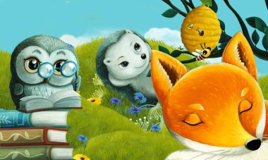 Orman hayvanının çayırda eğlendiği çizgi film sahnesi - çocuklar için illüstrasyon