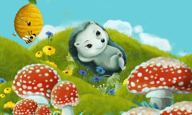 Orman hayvanının çayırda eğlendiği çizgi film sahnesi - çocuklar için illüstrasyon