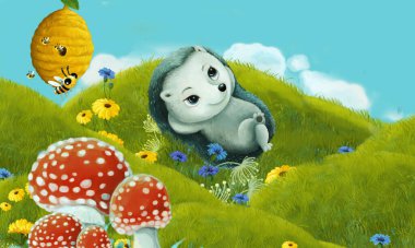 Orman hayvanının çayırda eğlendiği çizgi film sahnesi - çocuklar için illüstrasyon