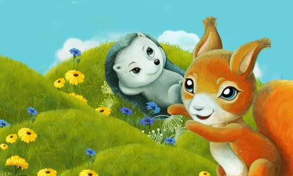 森林动物在草地上嬉戏的卡通片 儿童图解 — 图库照片