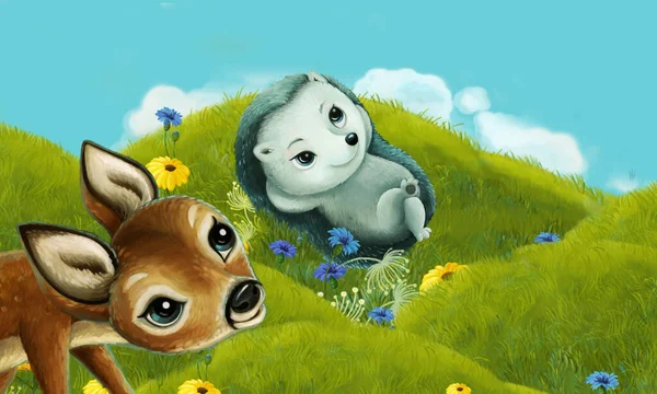 森の動物と一緒に楽しむ牧草地の漫画シーン 子供のためのイラスト — ストック写真