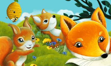 Orman hayvanının çayırda eğlendiği çizgi film sahnesi - çocuklar için illüstrasyon