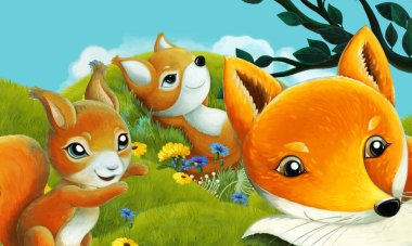 Orman hayvanının çayırda eğlendiği çizgi film sahnesi - çocuklar için illüstrasyon