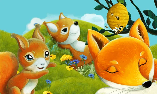 cartoon scene with forest animal on the meadow having fun - illustration for children