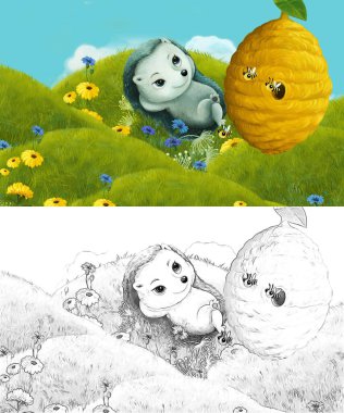 Çizim sahnesi olan karikatür çayırda orman hayvanıyla çizilmiş - çocuklar için çizim