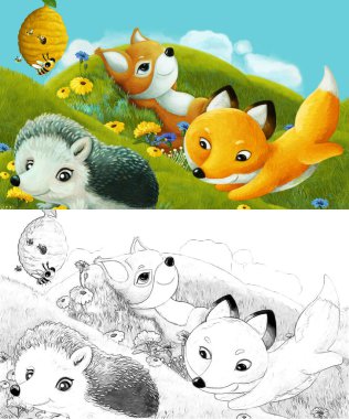 Çizim sahnesi olan karikatür çayırda orman hayvanıyla çizilmiş - çocuklar için çizim