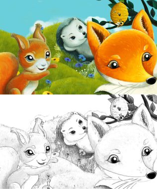 Çizim sahnesi olan karikatür çayırda orman hayvanıyla çizilmiş - çocuklar için çizim