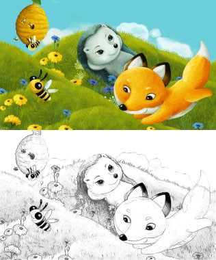 Çizim sahnesi olan karikatür çayırda orman hayvanıyla çizilmiş - çocuklar için çizim