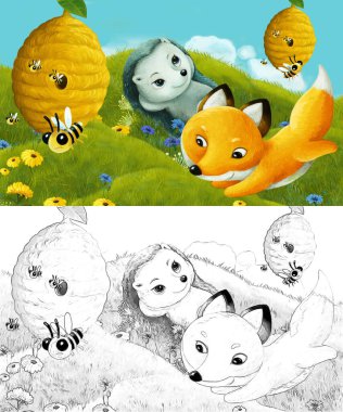 Çizim sahnesi olan karikatür çayırda orman hayvanıyla çizilmiş - çocuklar için çizim