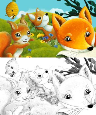 Çizim sahnesi olan karikatür çayırda orman hayvanıyla çizilmiş - çocuklar için çizim