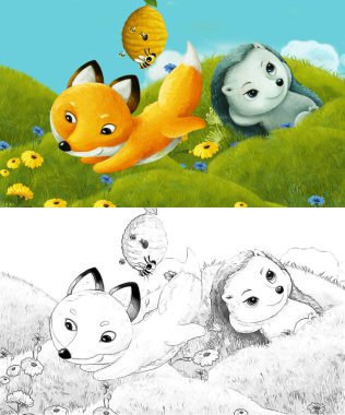 Çizim sahnesi olan karikatür çayırda orman hayvanıyla çizilmiş - çocuklar için çizim