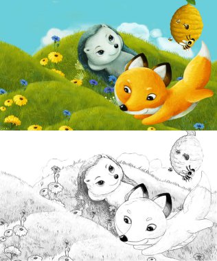 Çizim sahnesi olan karikatür çayırda orman hayvanıyla çizilmiş - çocuklar için çizim