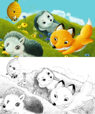 Çizim sahnesi olan karikatür çayırda orman hayvanıyla çizilmiş - çocuklar için çizim