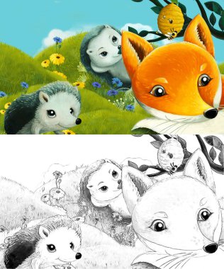 Çizim sahnesi olan karikatür çayırda orman hayvanıyla çizilmiş - çocuklar için çizim