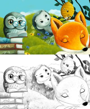 Çizim sahnesi olan karikatür çayırda orman hayvanıyla çizilmiş - çocuklar için çizim