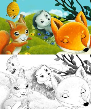 Çizim sahnesi olan karikatür çayırda orman hayvanıyla çizilmiş - çocuklar için çizim