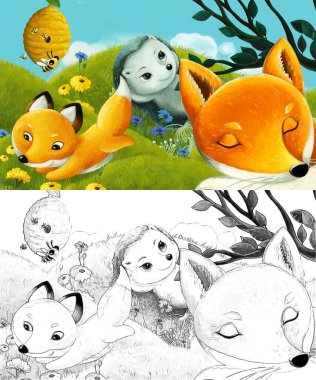 Çizim sahnesi olan karikatür çayırda orman hayvanıyla çizilmiş - çocuklar için çizim