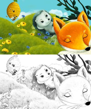 Çizim sahnesi olan karikatür çayırda orman hayvanıyla çizilmiş - çocuklar için çizim