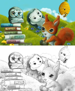 Çizim sahnesi olan karikatür çayırda orman hayvanıyla çizilmiş - çocuklar için çizim