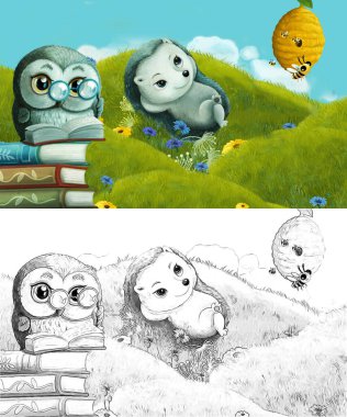 Çizim sahnesi olan karikatür çayırda orman hayvanıyla çizilmiş - çocuklar için çizim