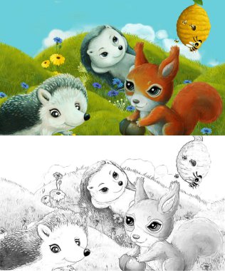 Çizim sahnesi olan karikatür çayırda orman hayvanıyla çizilmiş - çocuklar için çizim