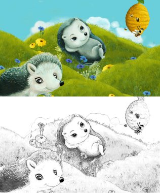 Çizim sahnesi olan karikatür çayırda orman hayvanıyla çizilmiş - çocuklar için çizim