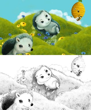 Çizim sahnesi olan karikatür çayırda orman hayvanıyla çizilmiş - çocuklar için çizim