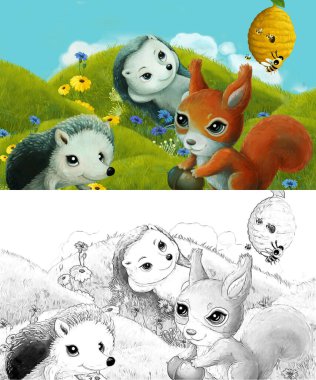 Çizim sahnesi olan karikatür çayırda orman hayvanıyla çizilmiş - çocuklar için çizim