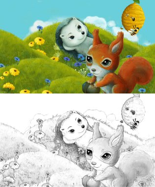Çizim sahnesi olan karikatür çayırda orman hayvanıyla çizilmiş - çocuklar için çizim
