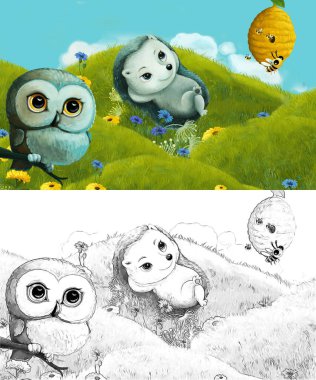 Çizim sahnesi olan karikatür çayırda orman hayvanıyla çizilmiş - çocuklar için çizim