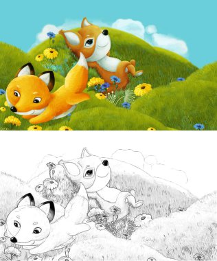 Çizim sahnesi olan karikatür çayırda orman hayvanıyla çizilmiş - çocuklar için çizim